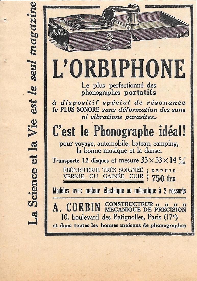 Phonographe l'Orbiphone. Etab. A. Corbin Paris. Pubblicita 1926