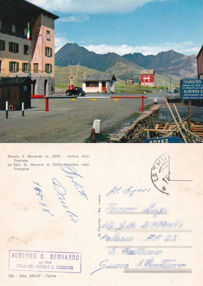 Piccolo S. Bernardo (AO). Confine Italo-Francese. Viaggiata 1958