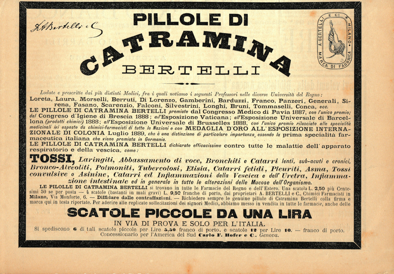Pillole di Catramina. Bertelli Milano. Advertising 1889