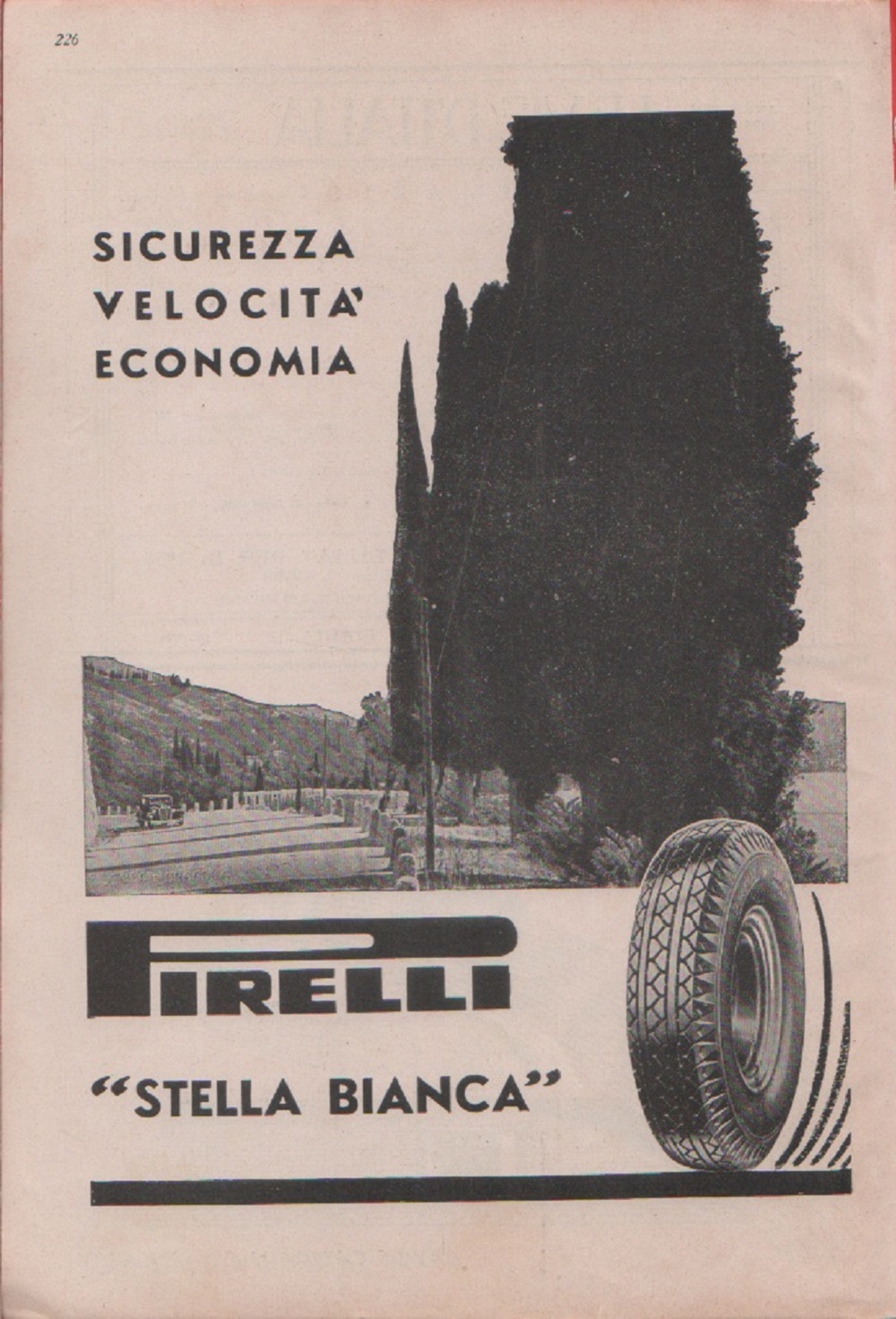 Pirelli Stella Bianca. Sicurezza velocità economia. Advertising 1937