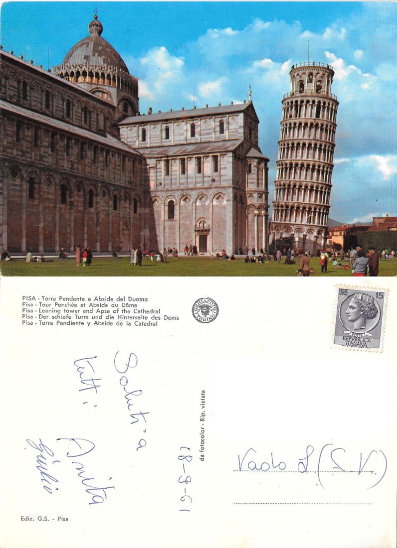 Pisa. Torre Pendente e Abside del Duomo. Viaggiata 1961