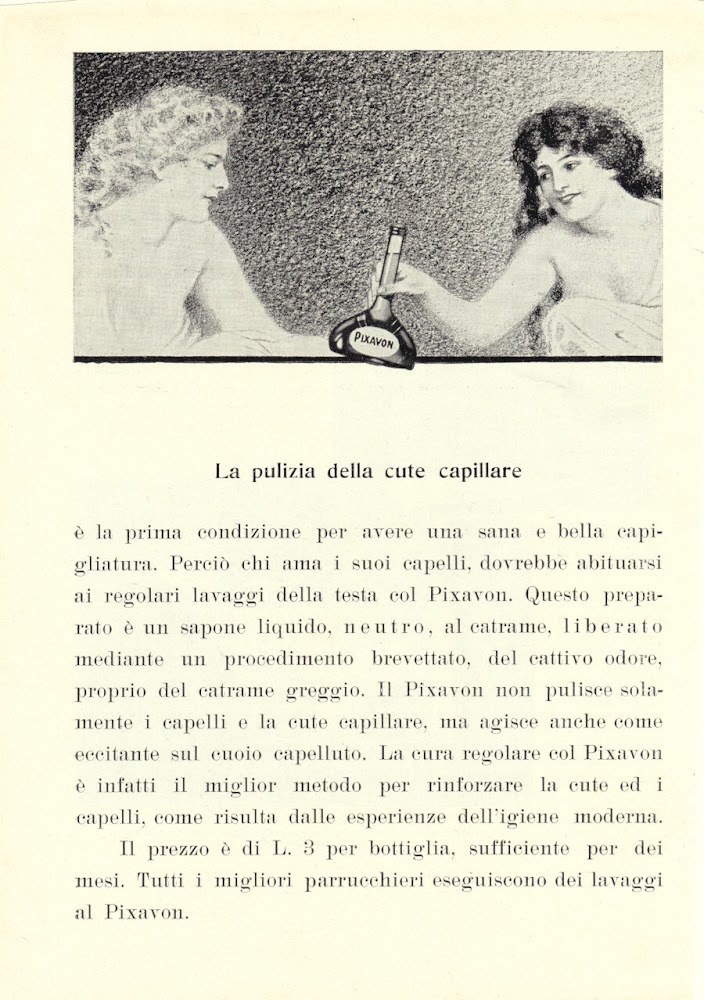 Pixavon per la pulizia della cute capillare. Advertising 1913