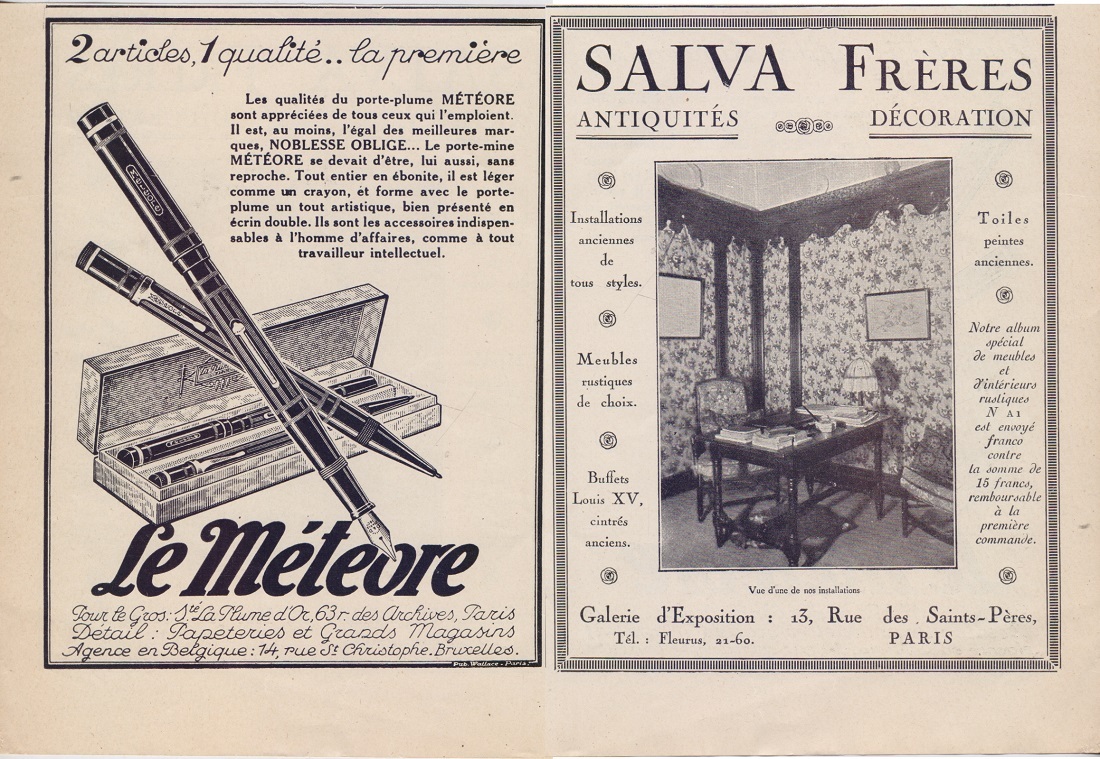 Plumes Le Meteore/Salva Freres, antiquite, decoration. Advertising 1926