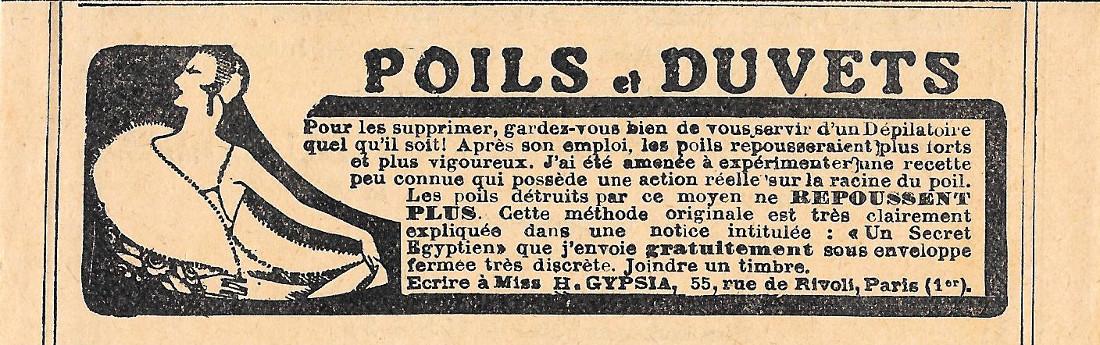 Poils et Duvets. H. Gypsia, Paris. Pubblicita 1930