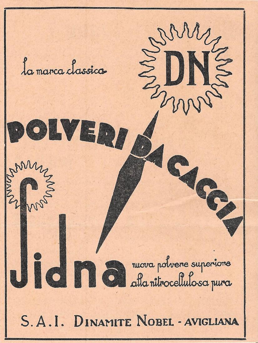 Polveri da caccia Sidna. Dinamite Nobel Avigliana. Advertising 1937
