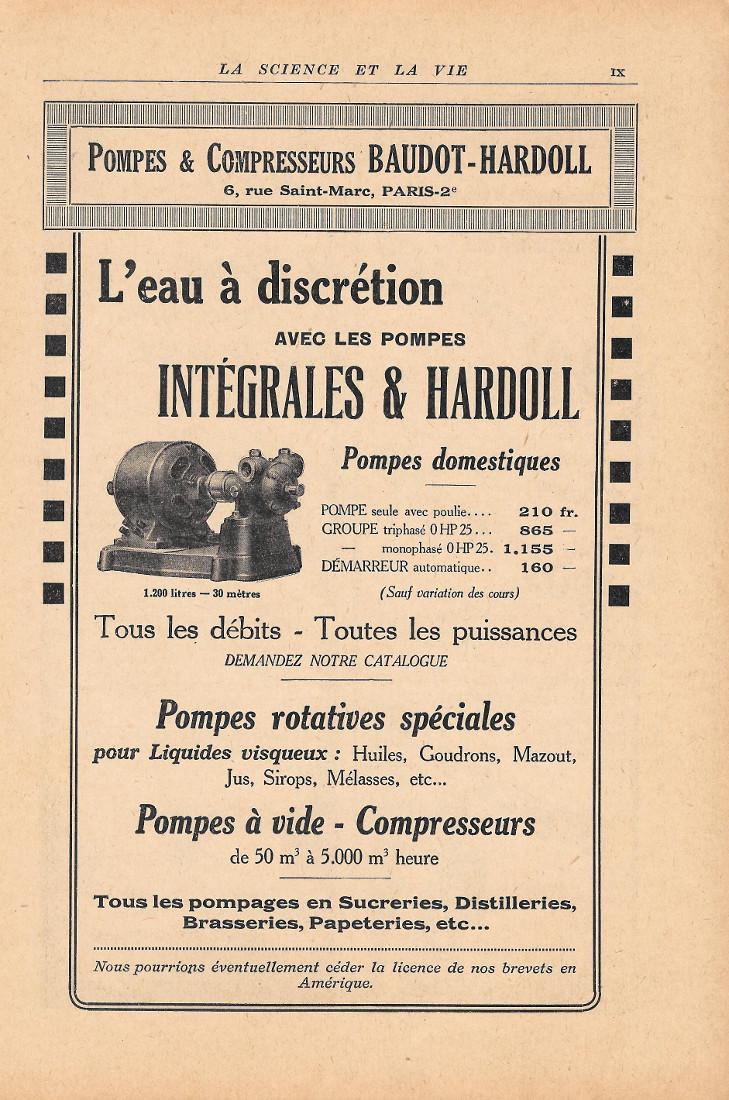 Pompes Intégrales &amp; Hardoll. Baudot-Hatdoll, Paris. Pubblicita 1926