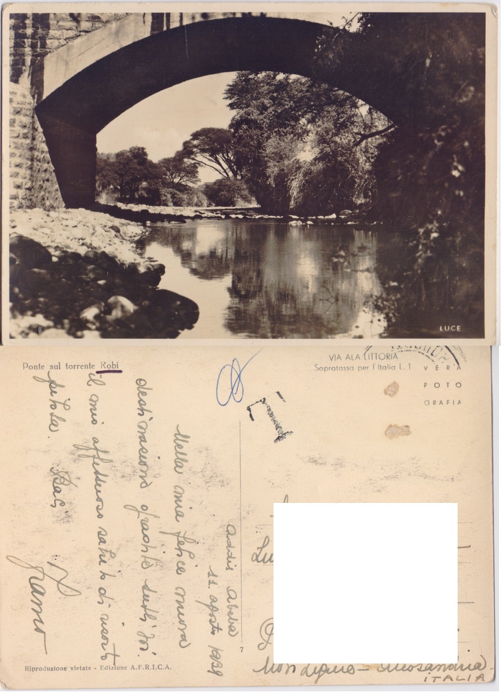 Ponte sul torrente Robi. (Addis Abeba).Viaggiata 1939, AOI