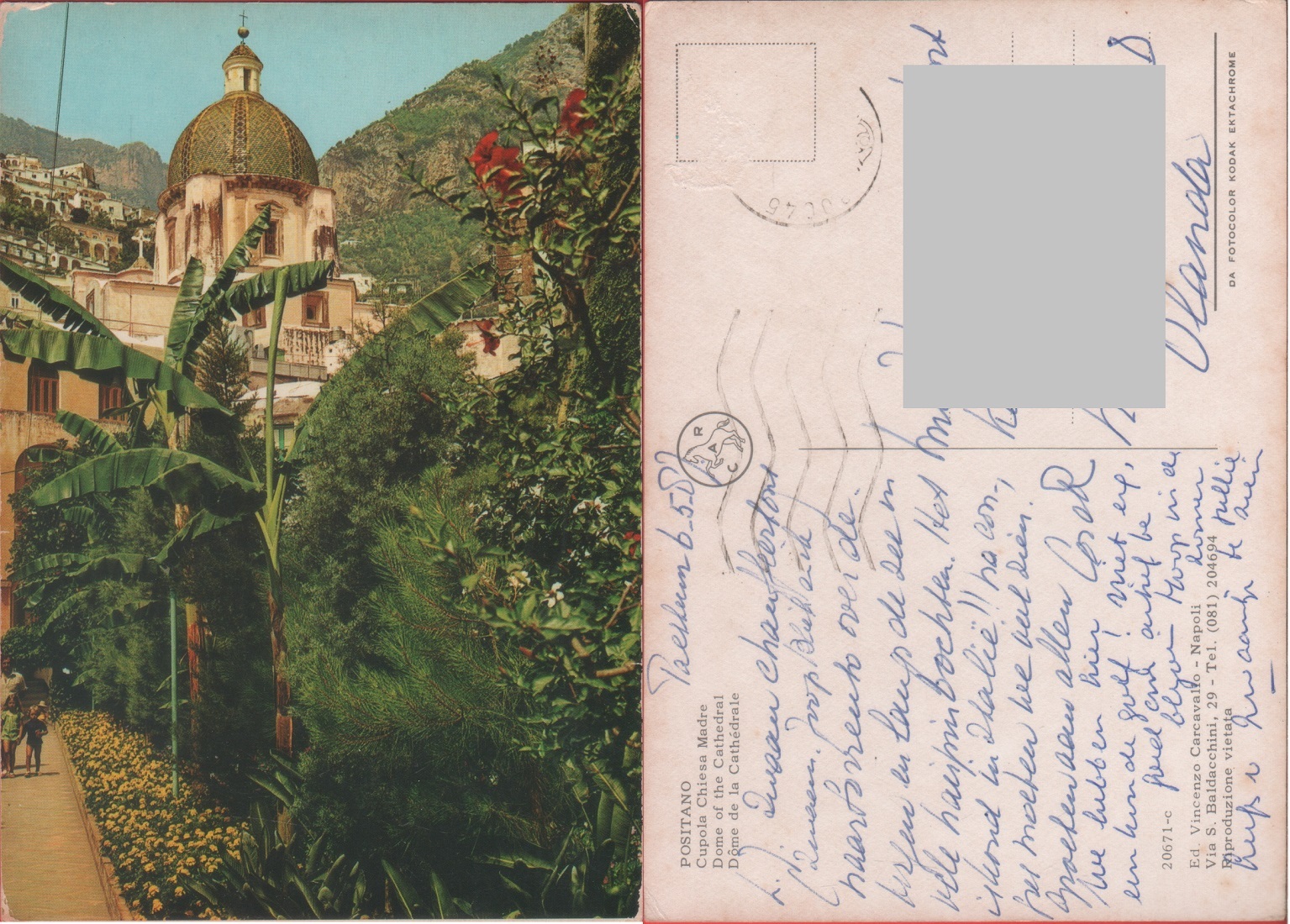 Positano. Cupola Chiesa Madre. Viaggiata