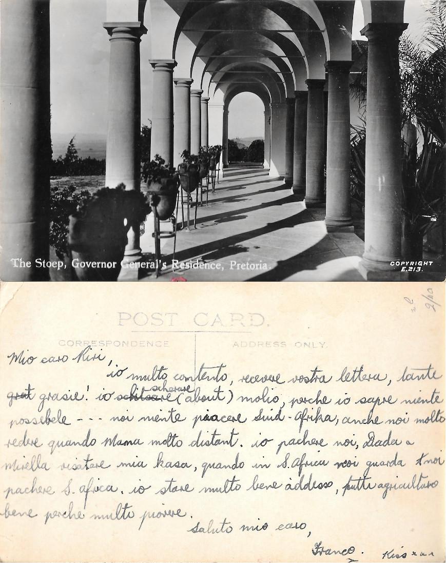 Pretoria. The Stoep, Governator General's Residence. Scritta 1946