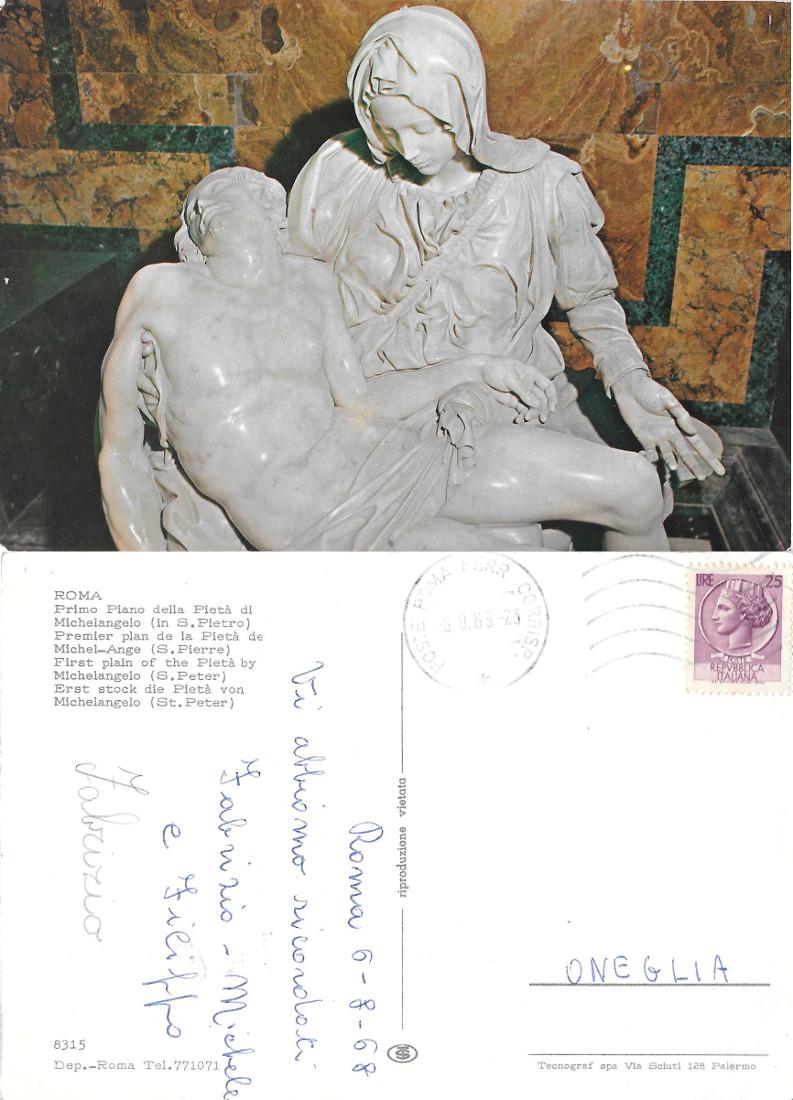 Primo piano della Pietà di Michelangelo. Viaggiata 1966