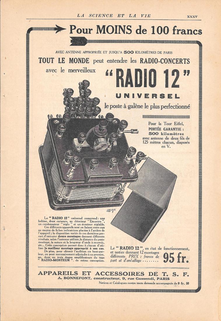 Radio 12. Etab. A: Bonnefont. Paris. Pubblicita 1923