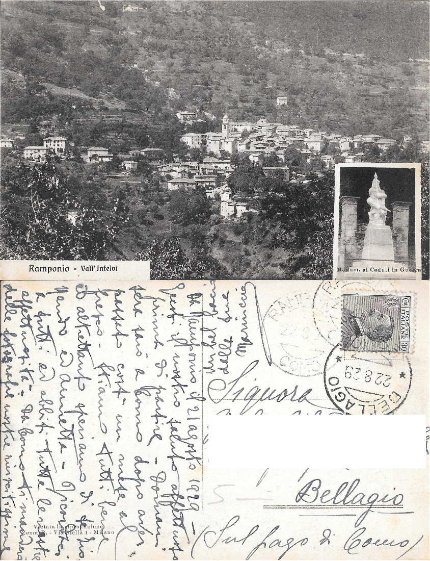 Ramponio. Monumento ai Caduti. Vall'Intelvi. Viaggiata 1929