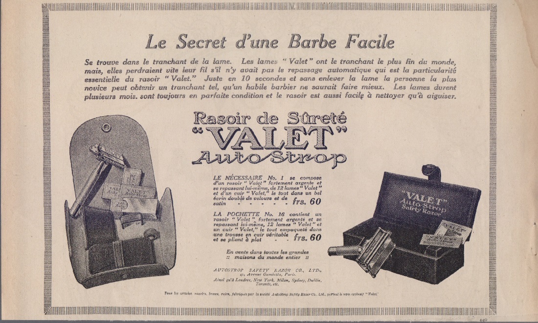 Rasoir de surete Valet. Advertising 1920