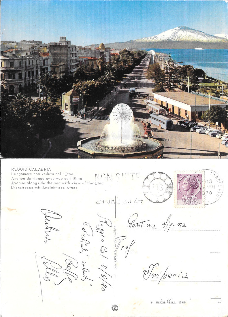 Reggio Calabria. Lungomare con veduta dell'Etna - Viaggiata 1970