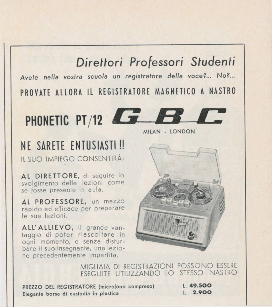 Registratore magnetico a nastro GBC Phonetic PT/12 - Advertising 1957