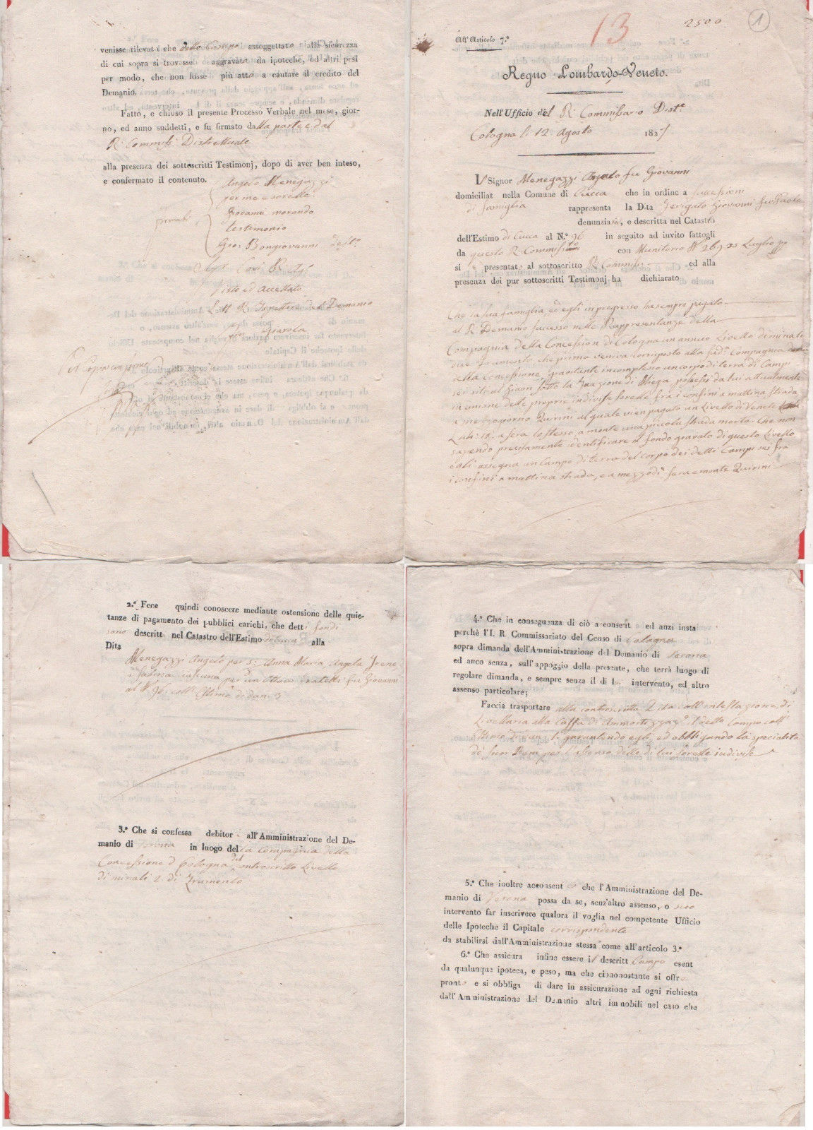 Regno Lombardo Veneto. Documento Catasto dell'estimo. Cologno 1829