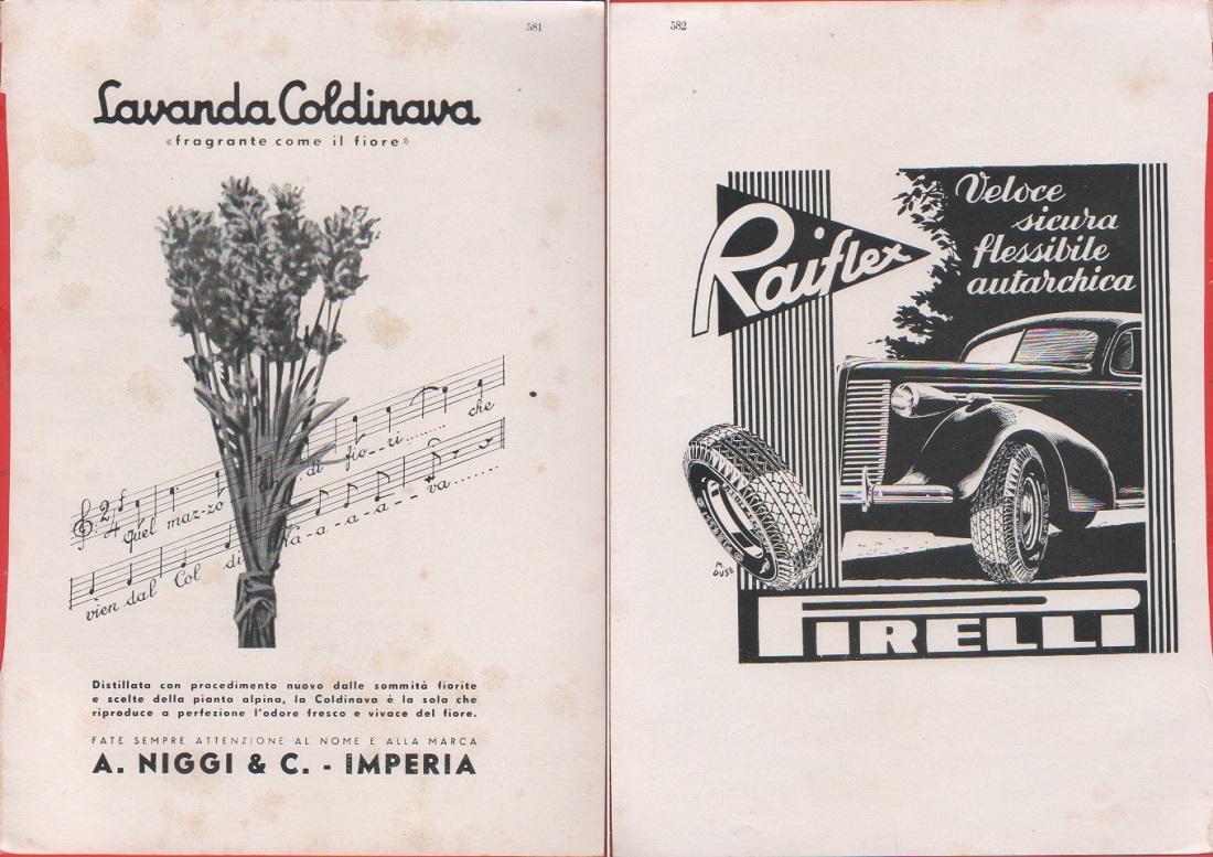 Reiflex Pirelli / Lavanda Coldinava. Fronte retro. Pubblicita 1940
