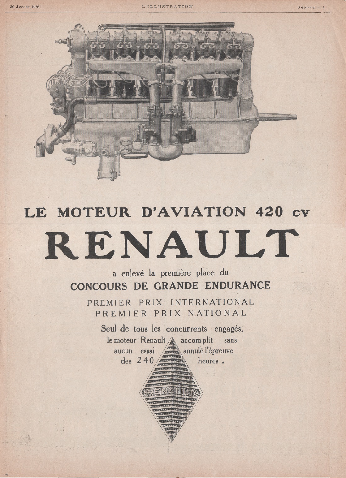 Renault le moteur d'aviation 420 cv. Advertising 1926