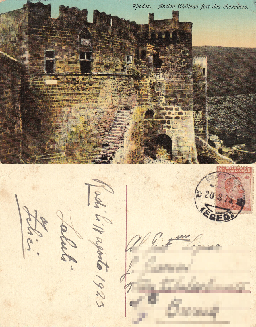 Rhodes. Ancien Chateau fort des chevaliers. Viaggiata 1923, francobollo italiano