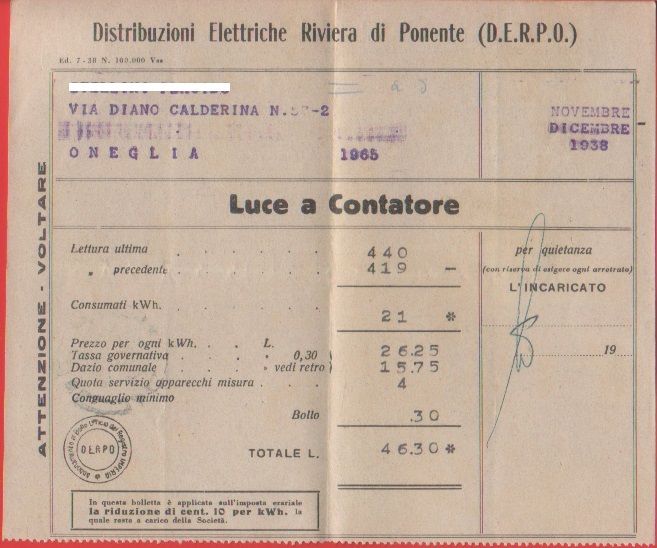 Ricevuta DERPO Distribuzione Elettriche Riviera di Ponente. Imperia 1938