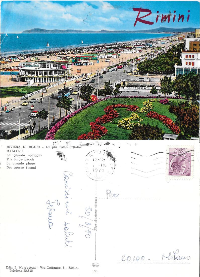 Rimini. La grande spiaggia. Viaggiata 1970