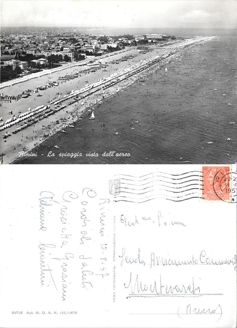 Rimini. La spiaggia vista dall'aereo. Viaggiata 1957