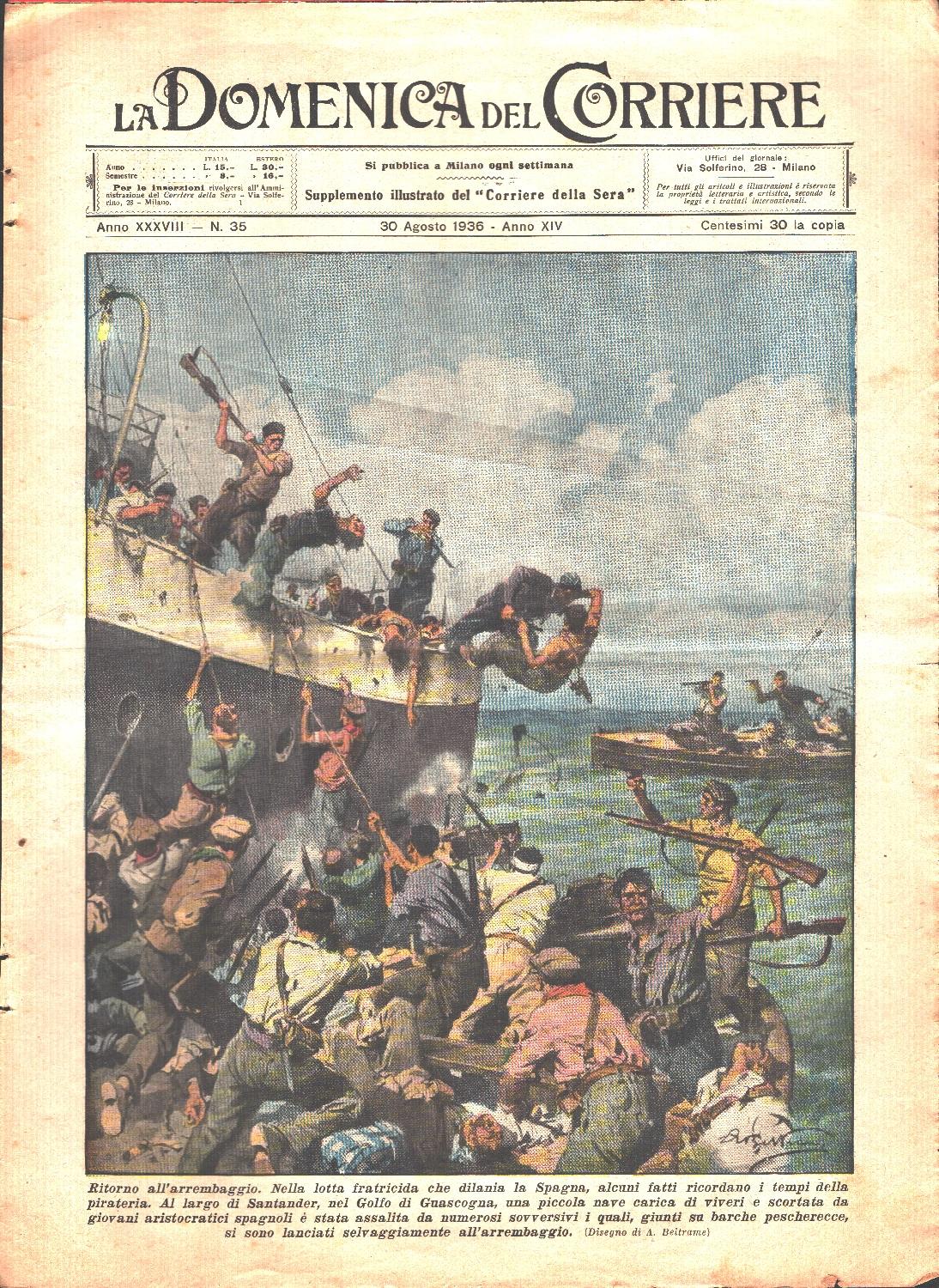 Ritorno all'arrembaggio. Domenica del Corriere 30/8/1936. Solo pagina