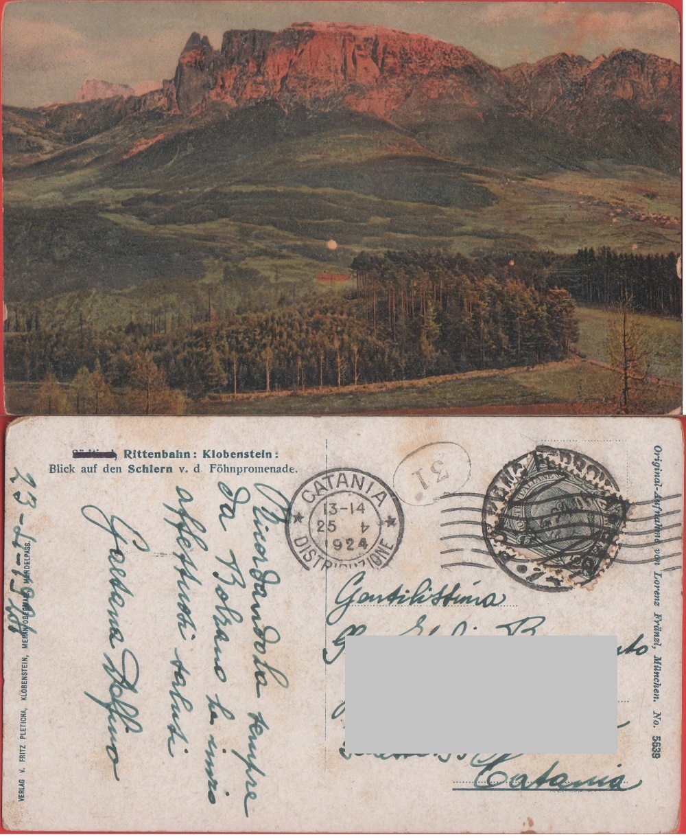 Rittenbahn: Klobenstein, Blick aufden Schiern (BZ). Viaggiata 1924