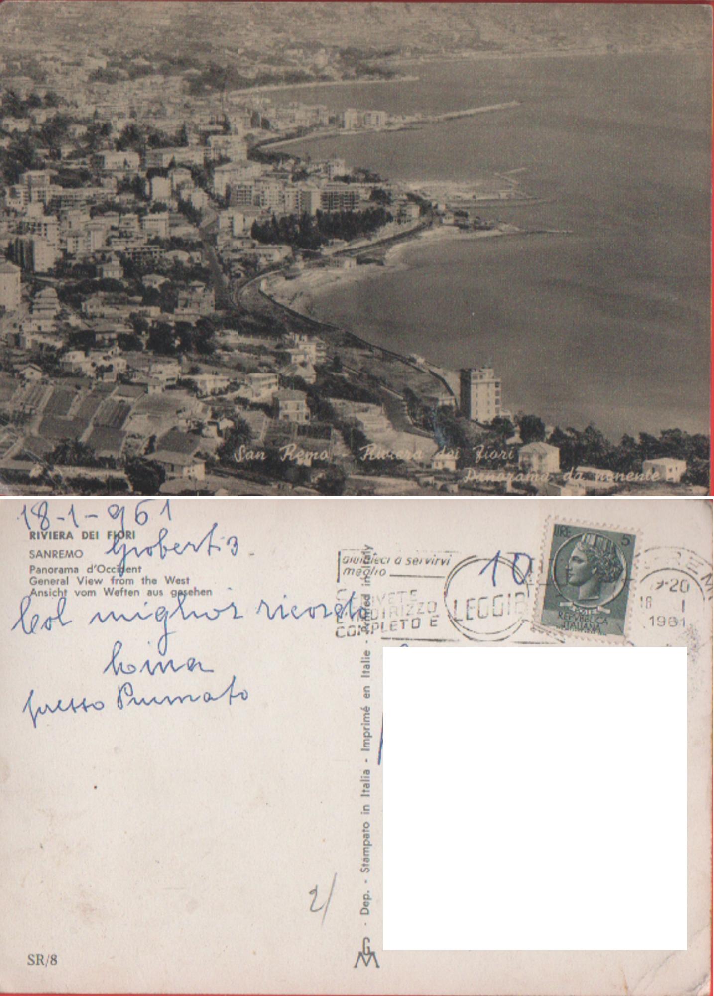 Riviera dei fiori. Sanremo.Viaggiata 1961