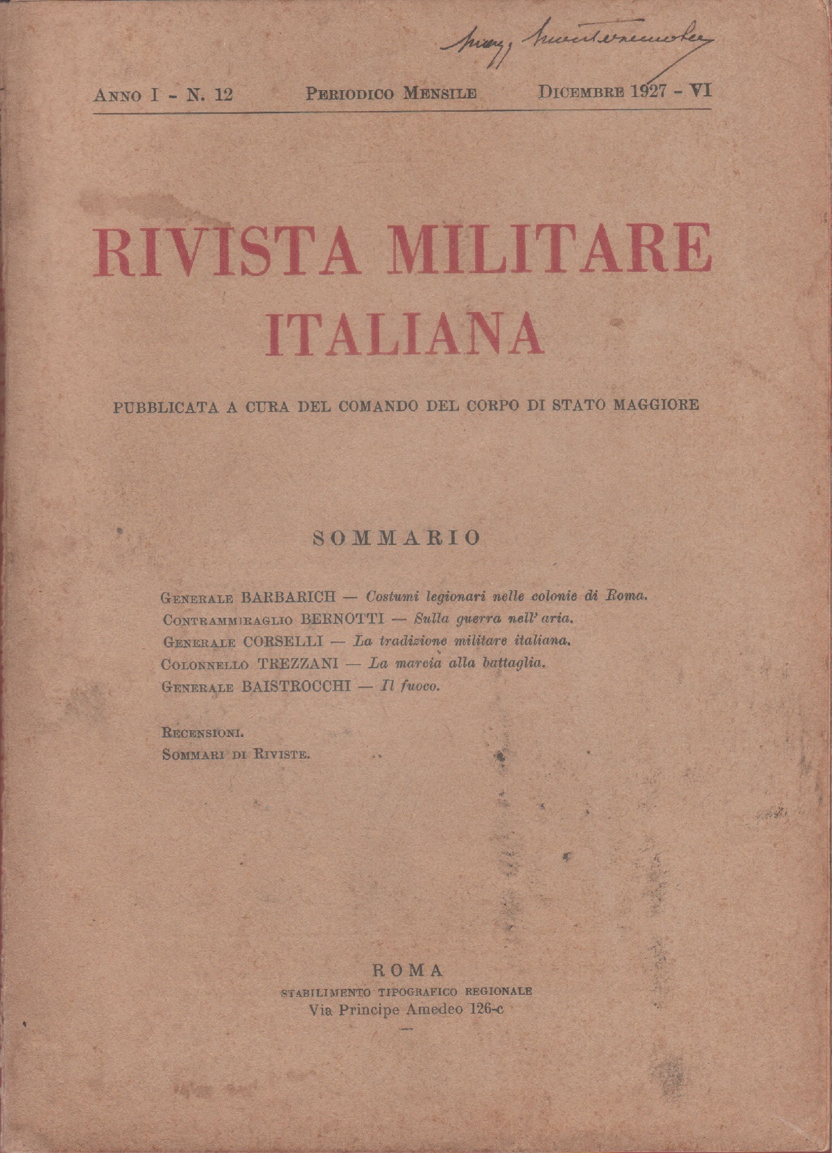 Rivista Militare Italiana. Anno 1 n. 12. Dicembre 1927