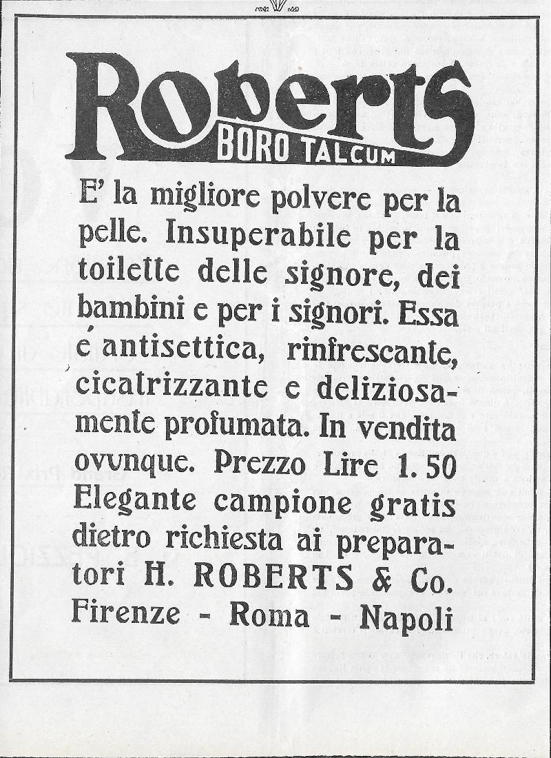 Roberts. Boro Talcum. Advertising 1912