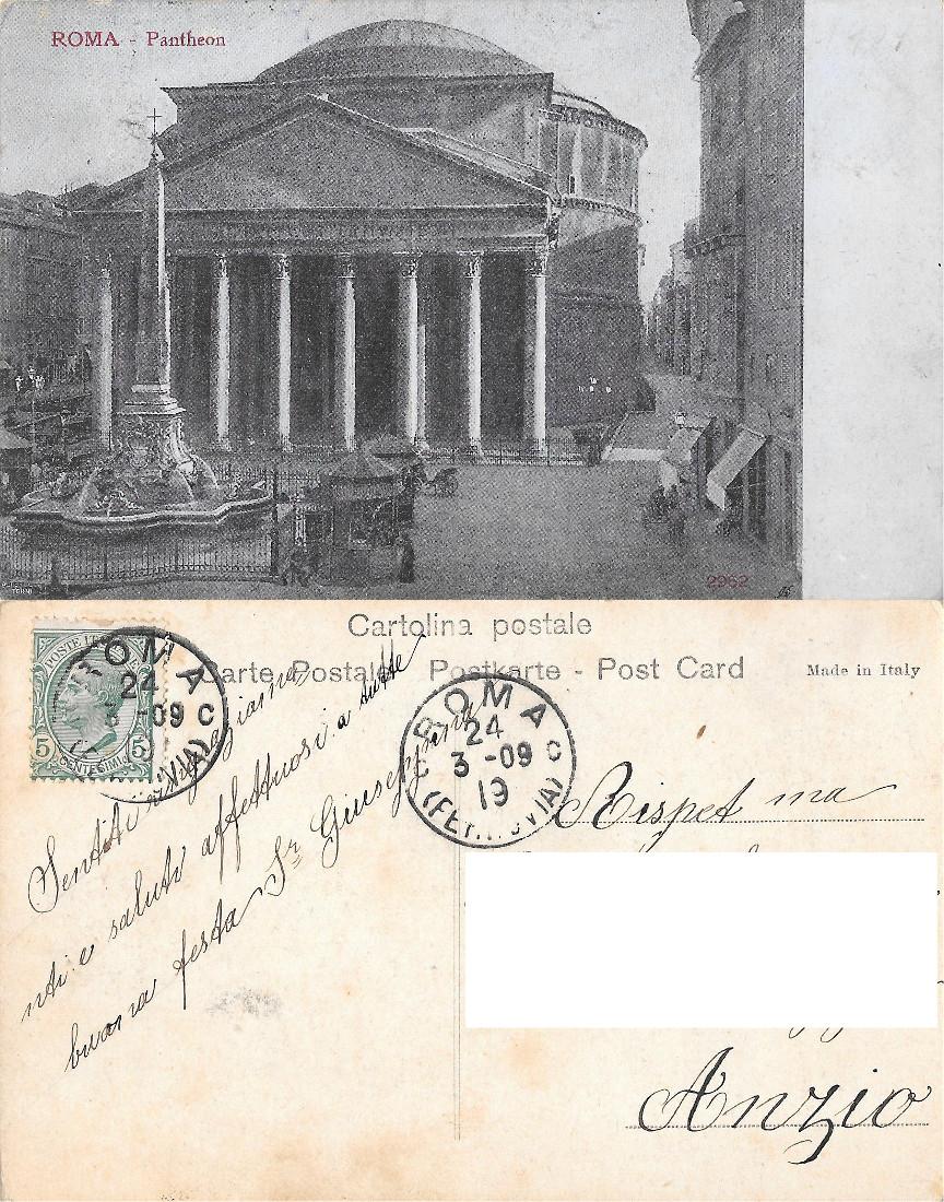 Roma. Pantheon. Viaggiata 1909, fondo azzurrino