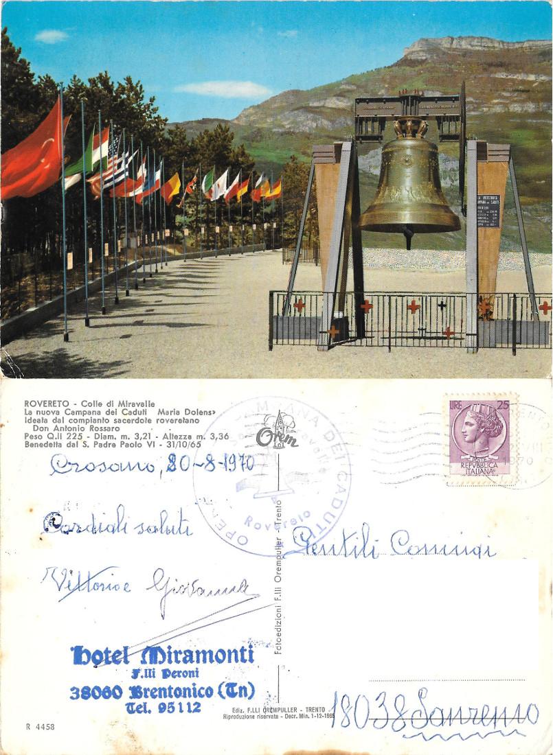 Rovereto. Colle di Miravalle. La nuova Campana dei Caduti. Viaggiata …