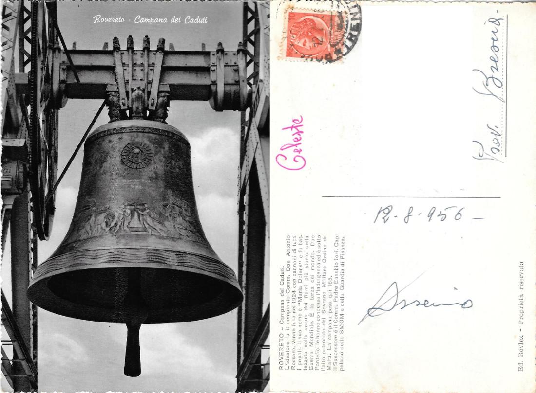 Rovereto (TN). Campana dei Caduti. Viaggiata 1956