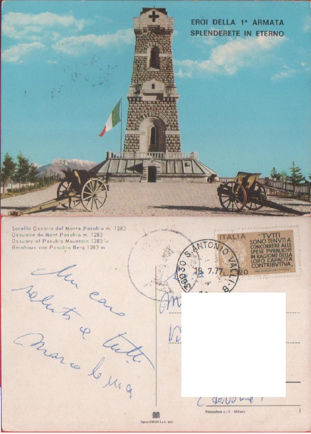 Sacello Ossario del Monte Pasubio. Viaggiata 1977