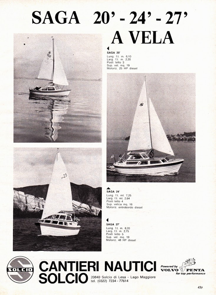 Saga 20'-24'-26' a vela. Cantieri Nautici Solcio. Advertising 1974