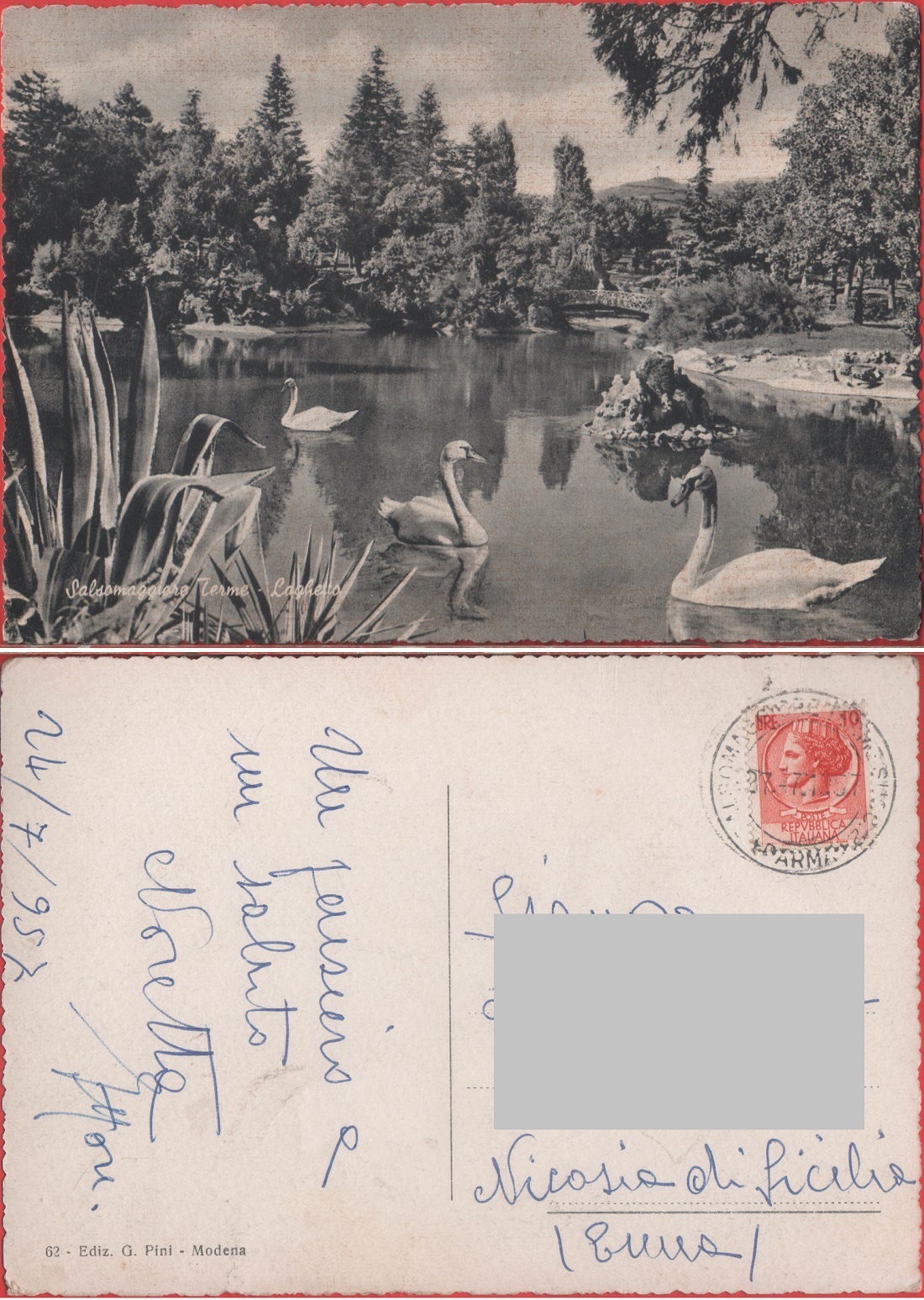 Salsomaggiore Terme (PR). Laghetto. Viaggiata 1957