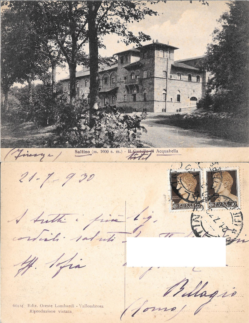 Saltino (FI). Il Castello di Acquabella. Viaggiata 1930