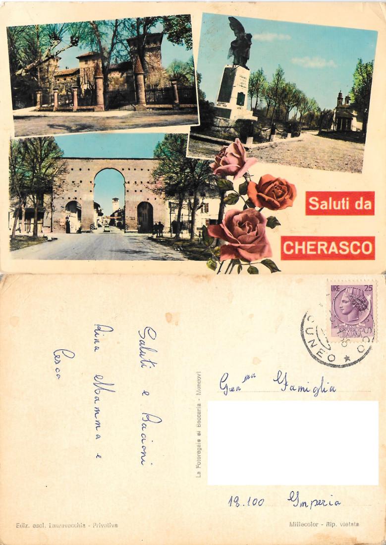 Saluti da Cherasco. Viaggiata 1958