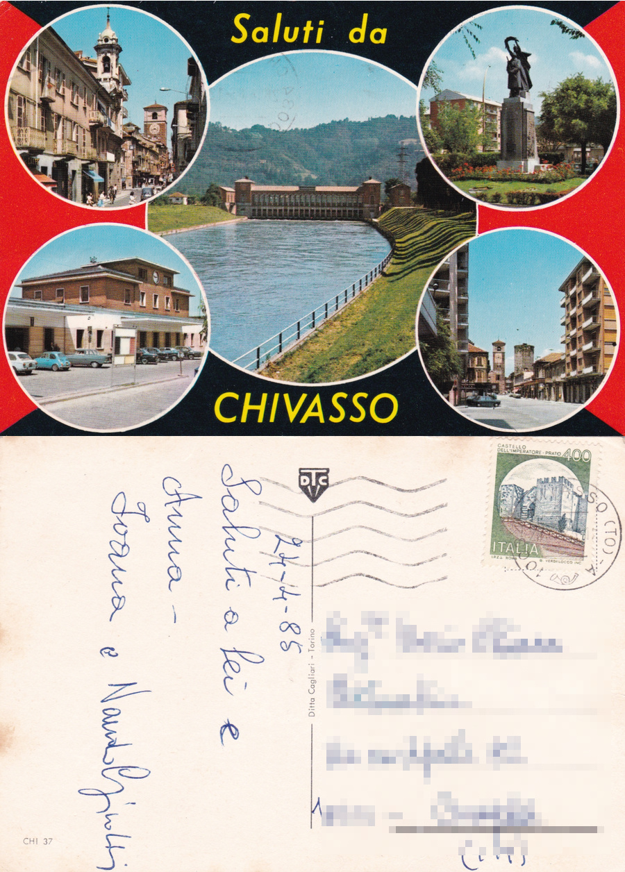 Saluti da Chivasso (TO). Viaggiata 1985