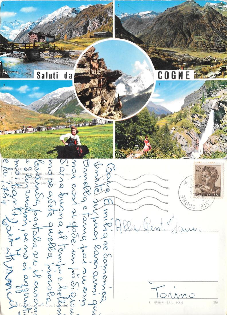 Saluti da Cogne (AO). Vedutine. Viaggiata 1965