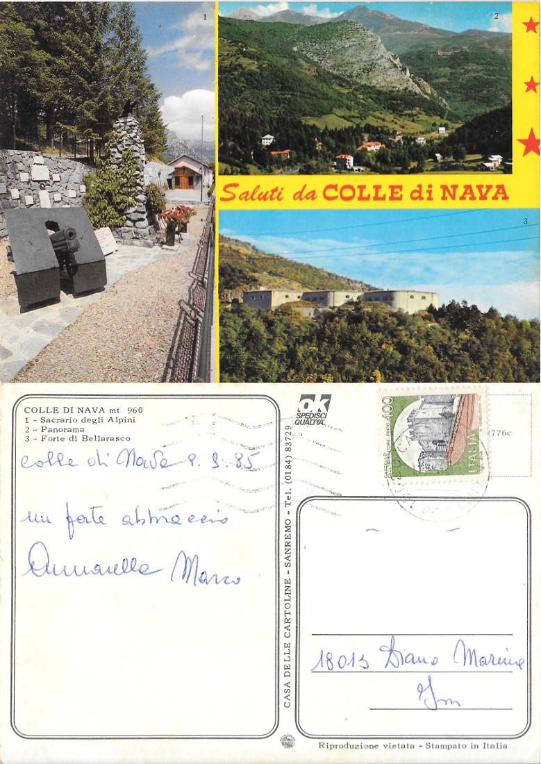 Saluti da Colle di Nava (IM). Viaggiata 1985