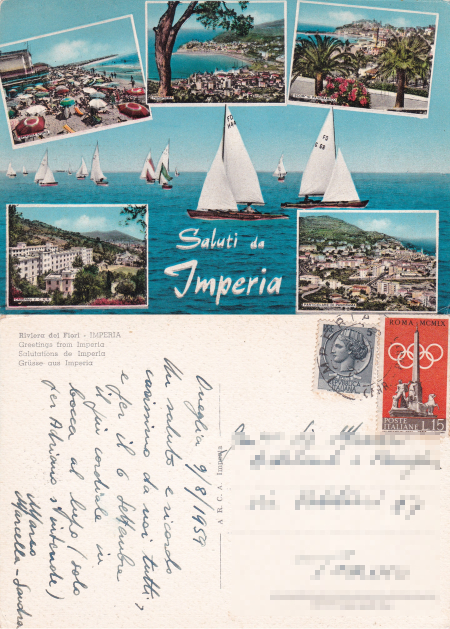 Saluti da Imperia. Viaggiata 1959