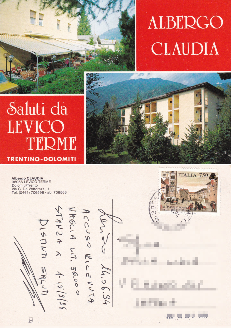 Saluti da Levico Terme (TN). Albergo Claudia. Viaggiata 1994