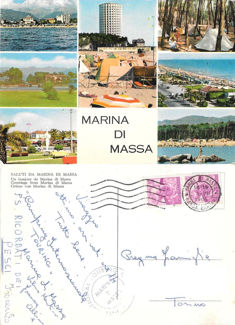 Saluti da Marina di Massa. Viaggiata 1966. International Touring Camping