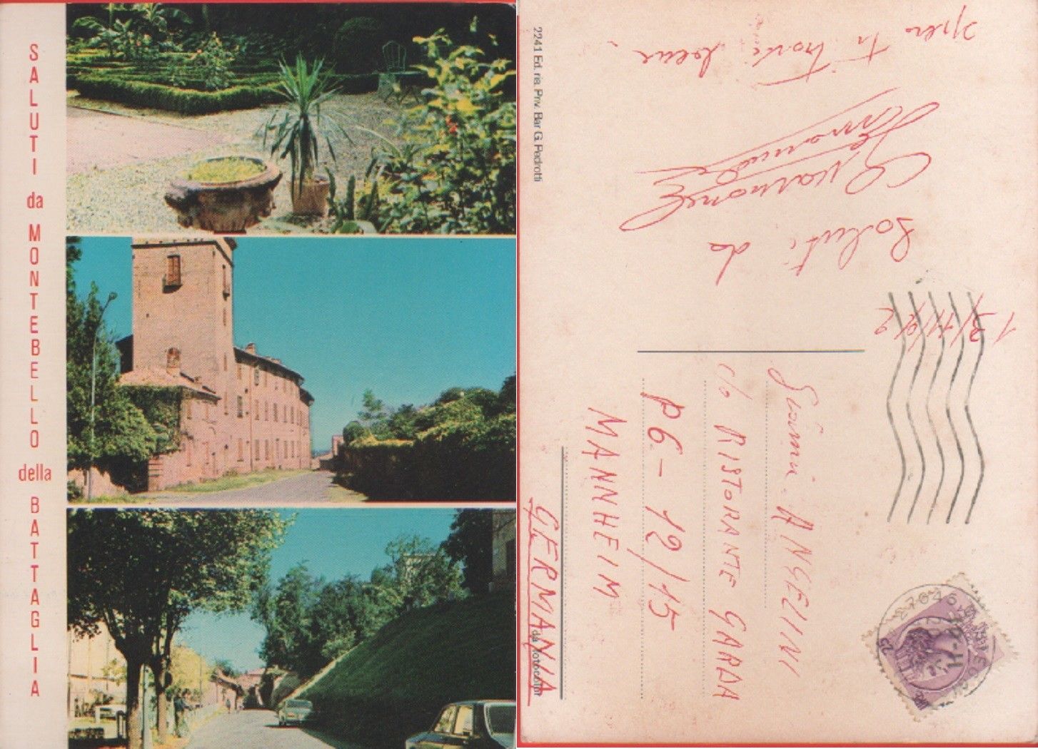 Saluti da Montebello della Battaglia (PV). Viaggiata 1972