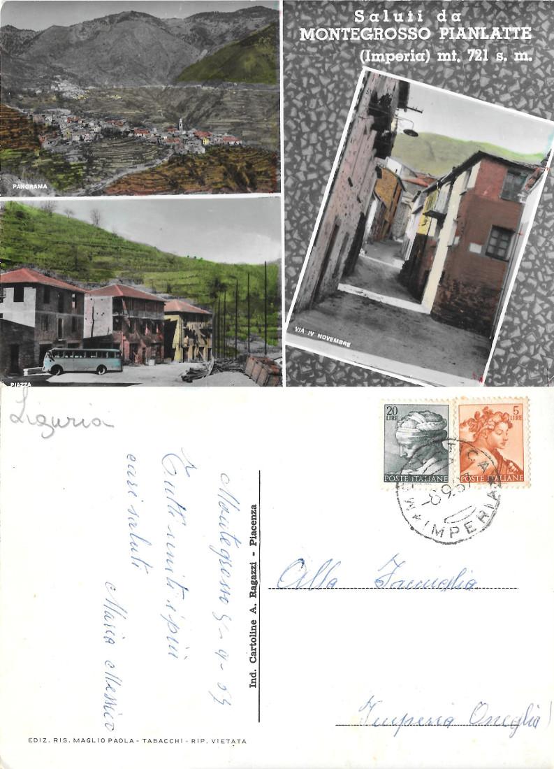 Saluti da Montegrosso Pianlatte (IM). Vedute. Viaggiata 1957