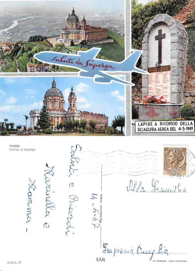 Saluti da Superga. Lapide in ricordo della sciagura. Viaggiata 1967