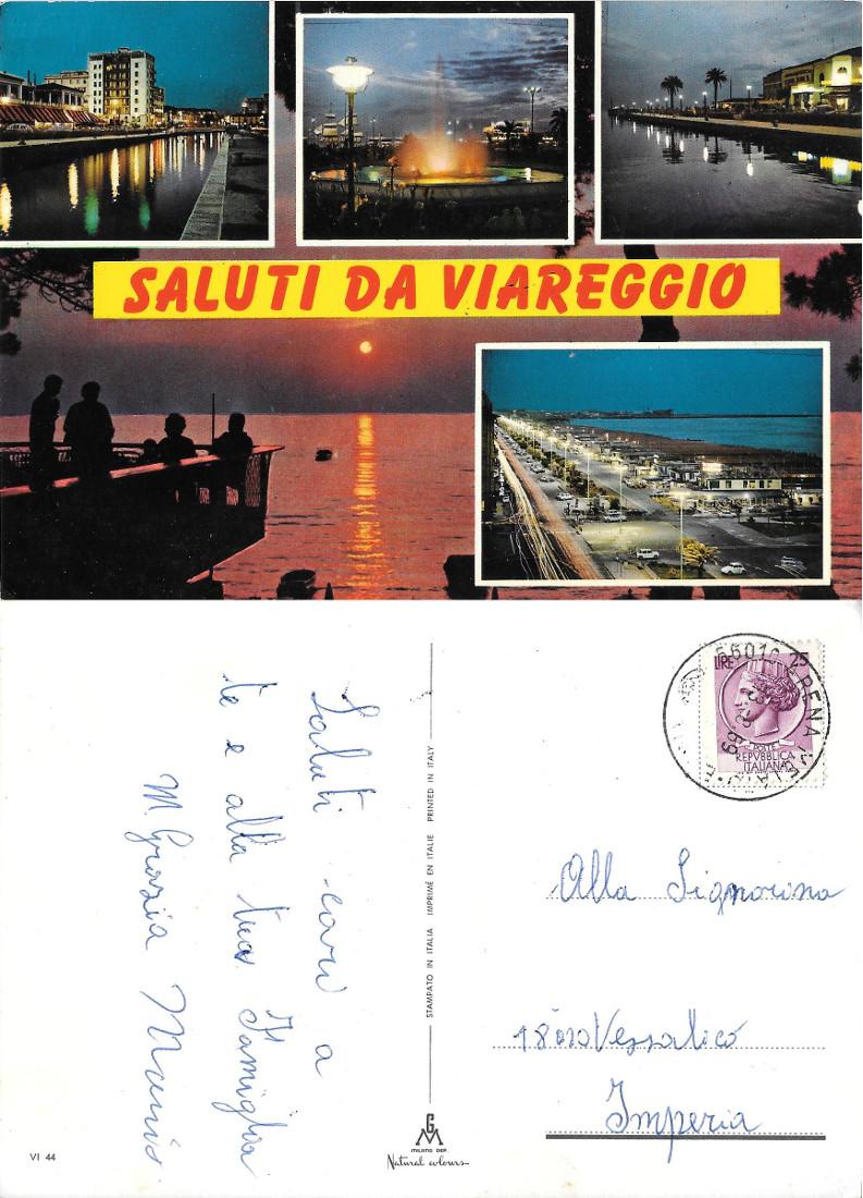 Saluti da Viareggio. vedute notturne. Viaggiata 1969