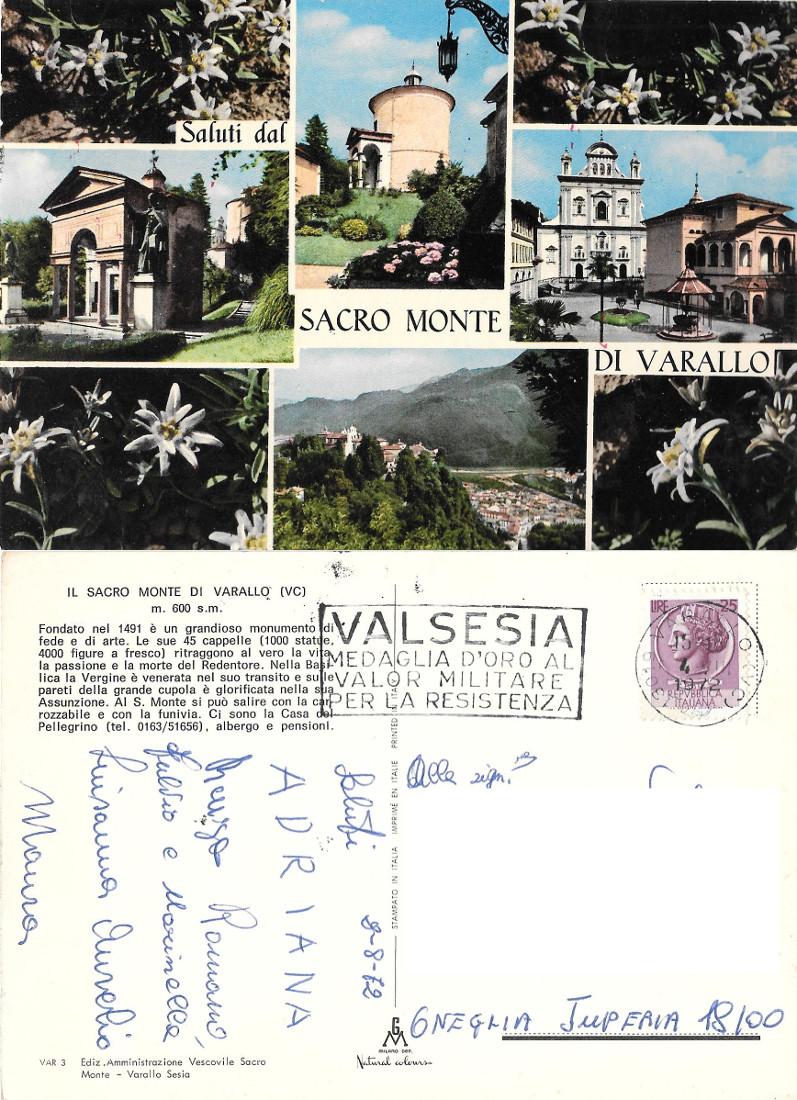 Saluti dal Sacro Monte di Varallo. Viaggiata 1972